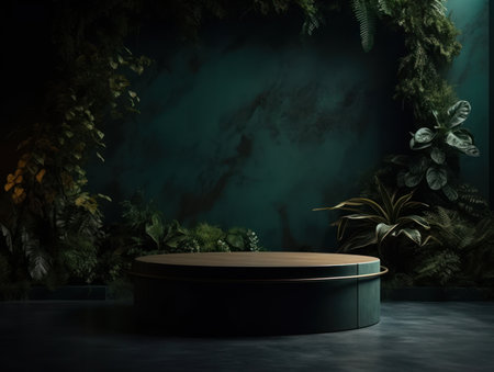 Cosmetics product advertising stand. Exhibition wooden podium on green background with leaves and shadows. Empty pedestal to display product packaging. Mockup. Generative AI.の素材