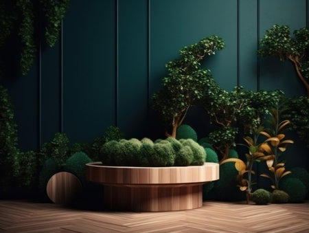 Cosmetics product advertising stand. Exhibition wooden podium on green background with leaves and shadows. Empty pedestal to display product packaging. Mockup. Generative AI.の素材