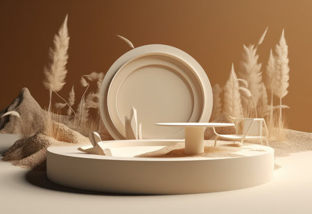 Podium on sand background. Display with sunshade and shadow on the background for cosmetic perfume fashion natural product. Generative AI.の素材