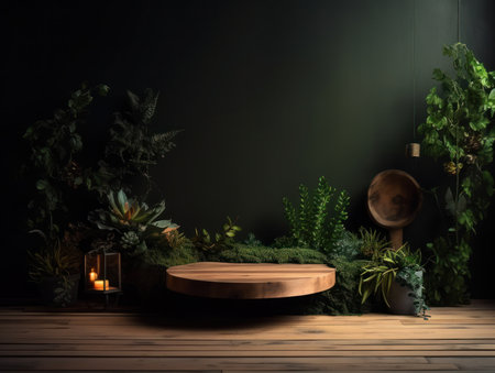 Cosmetics product advertising stand. Exhibition wooden podium on green background with leaves and shadows. Empty pedestal to display product packaging. Mockup. Generative AI.の素材