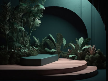Cosmetics product advertising stand. Exhibition wooden podium on green background with leaves and shadows. Empty pedestal to display product packaging. Mockup. Generative AI.の素材