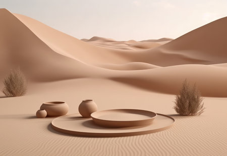 Podium on sand background. Display with sunshade and shadow on the background for cosmetic perfume fashion natural product. Generative AI.の素材