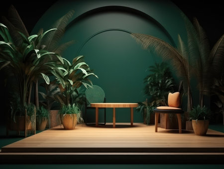 Cosmetics product advertising stand. Exhibition wooden podium on green background with leaves and shadows. Empty pedestal to display product packaging. Mockup. Generative AI.の素材