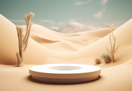 Podium on sand background. Display with sunshade and shadow on the background for cosmetic perfume fashion natural product. Generative AI.の素材
