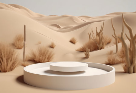 Podium on sand background. Display with sunshade and shadow on the background for cosmetic perfume fashion natural product. Generative AI.の素材