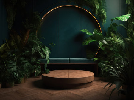 Cosmetics product advertising stand. Exhibition wooden podium on green background with leaves and shadows. Empty pedestal to display product packaging. Mockup. Generative AI.の素材