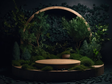 Cosmetics product advertising stand. Exhibition wooden podium on green background with leaves and shadows. Empty pedestal to display product packaging. Mockup. Generative AI.の素材