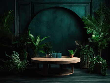 Cosmetics product advertising stand. Exhibition wooden podium on green background with leaves and shadows. Empty pedestal to display product packaging. Mockup. Generative AI.の素材