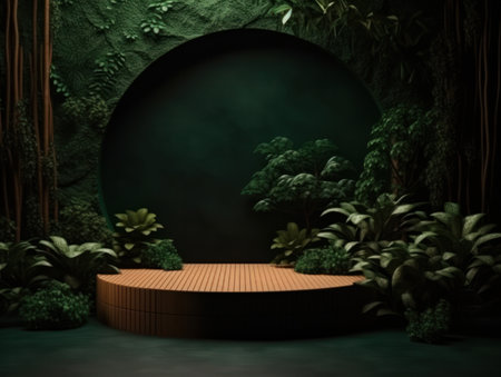 Cosmetics product advertising stand. Exhibition wooden podium on green background with leaves and shadows. Empty pedestal to display product packaging. Mockup. Generative AI.の素材