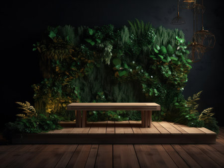 Cosmetics product advertising stand. Exhibition wooden podium on green background with leaves and shadows. Empty pedestal to display product packaging. Mockup. Generative AI.の素材