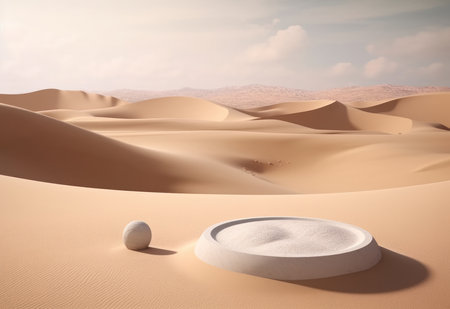 Podium on sand background. Display with sunshade and shadow on the background for cosmetic perfume fashion natural product. Generative AI.の素材