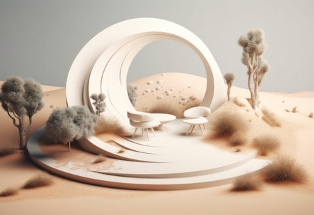 Podium on sand background. Display with sunshade and shadow on the background for cosmetic perfume fashion natural product. Generative AI.の素材