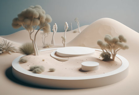 Podium on sand background. Display with sunshade and shadow on the background for cosmetic perfume fashion natural product. Generative AI.の素材
