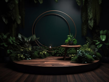 Cosmetics product advertising stand. Exhibition wooden podium on green background with leaves and shadows. Empty pedestal to display product packaging. Mockup. Generative AI.の素材