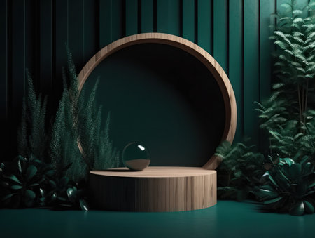 Cosmetics product advertising stand. Exhibition wooden podium on green background with leaves and shadows. Empty pedestal to display product packaging. Mockup. Generative AI.の素材