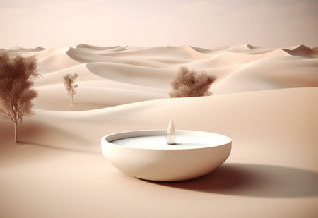 Podium on sand background. Display with sunshade and shadow on the background for cosmetic perfume fashion natural product. Generative AI.の素材