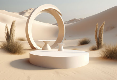 Podium on sand background. Display with sunshade and shadow on the background for cosmetic perfume fashion natural product. Generative AI.の素材