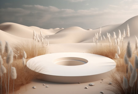 Podium on sand background. Display with sunshade and shadow on the background for cosmetic perfume fashion natural product. Generative AI.の素材