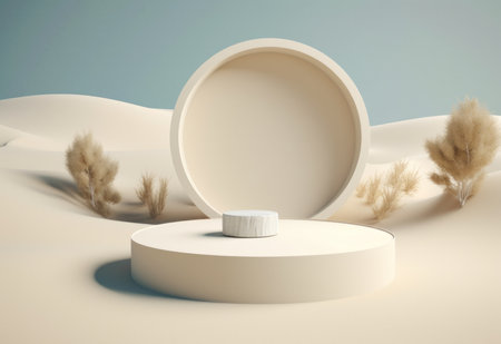 Podium on sand background. Display with sunshade and shadow on the background for cosmetic perfume fashion natural product. Generative AI.の素材