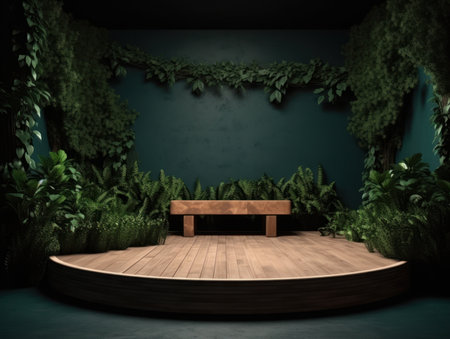 Cosmetics product advertising stand. Exhibition wooden podium on green background with leaves and shadows. Empty pedestal to display product packaging. Mockup. Generative AI.の素材