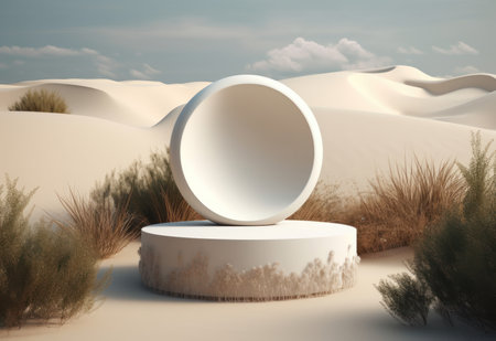 Podium on sand background. Display with sunshade and shadow on the background for cosmetic perfume fashion natural product. Generative AI.の素材
