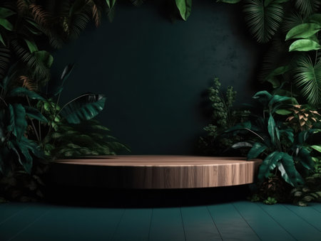 Cosmetics product advertising stand. Exhibition wooden podium on green background with leaves and shadows. Empty pedestal to display product packaging. Mockup. Generative AI.の素材