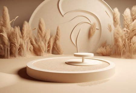 Podium on sand background. Display with sunshade and shadow on the background for cosmetic perfume fashion natural product. Generative AI.の素材