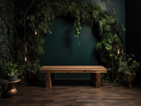 Cosmetics product advertising stand. Exhibition wooden podium on green background with leaves and shadows. Empty pedestal to display product packaging. Mockup. Generative AI.の素材