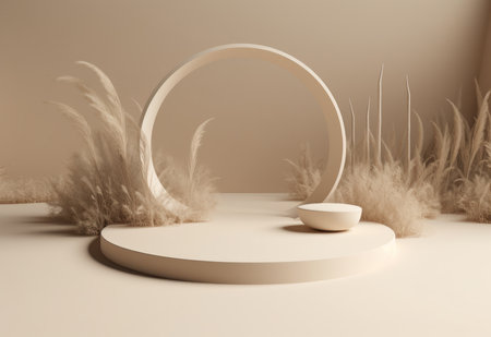 Podium on sand background. Display with sunshade and shadow on the background for cosmetic perfume fashion natural product. Generative AI.の素材