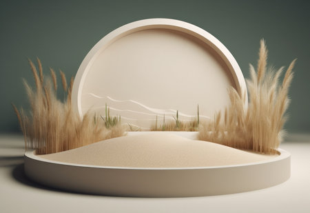 Podium on sand background. Display with sunshade and shadow on the background for cosmetic perfume fashion natural product. Generative AI.の素材