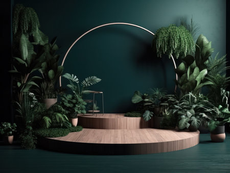 Cosmetics product advertising stand. Exhibition wooden podium on green background with leaves and shadows. Empty pedestal to display product packaging. Mockup. Generative AI.の素材
