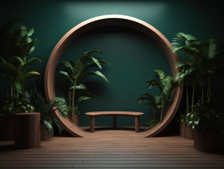 Cosmetics product advertising stand. Exhibition wooden podium on green background with leaves and shadows. Empty pedestal to display product packaging. Mockup. Generative AI.の素材