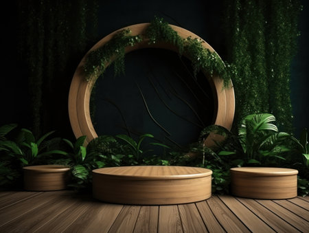 Cosmetics product advertising stand. Exhibition wooden podium on green background with leaves and shadows. Empty pedestal to display product packaging. Mockup. Generative AI.の素材