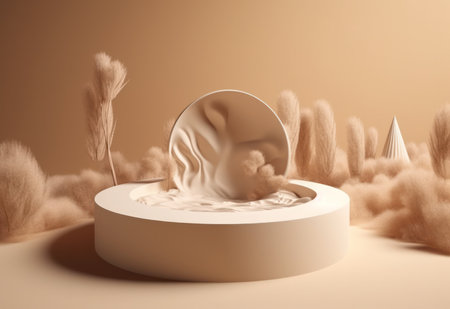Podium on sand background. Display with sunshade and shadow on the background for cosmetic perfume fashion natural product. Generative AI.の素材