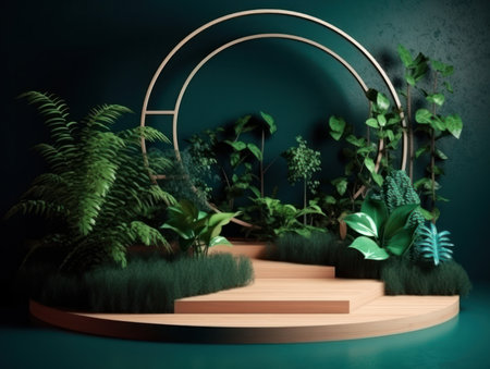 Cosmetics product advertising stand. Exhibition wooden podium on green background with leaves and shadows. Empty pedestal to display product packaging. Mockup. Generative AI.の素材