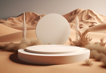 Podium on sand background. Display with sunshade and shadow on the background for cosmetic perfume fashion natural product. Generative AI.の素材