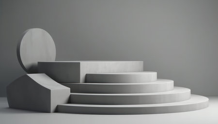 Elegant abstract set of white podiums in sunlight with shadow on white background for product display. Simple modern geometric design. Generative AI.の素材