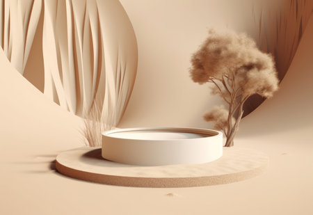 Podium on sand background. Display with sunshade and shadow on the background for cosmetic perfume fashion natural product. Generative AI.の素材