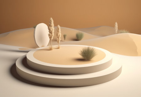 Podium on sand background. Display with sunshade and shadow on the background for cosmetic perfume fashion natural product. Generative AI.の素材