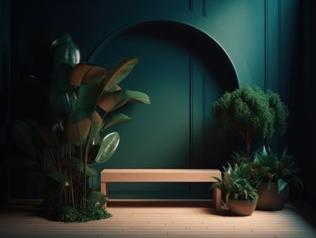Cosmetics product advertising stand. Exhibition wooden podium on green background with leaves and shadows. Empty pedestal to display product packaging. Mockup. Generative AI.の素材