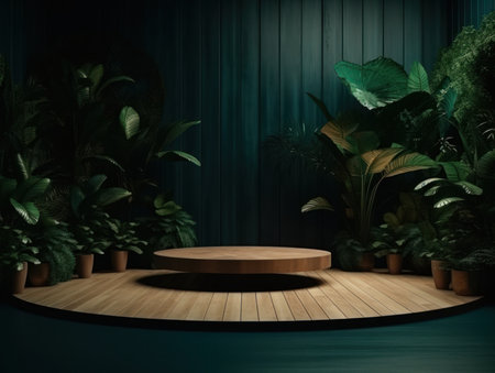 Cosmetics product advertising stand. Exhibition wooden podium on green background with leaves and shadows. Empty pedestal to display product packaging. Mockup. Generative AI.の素材