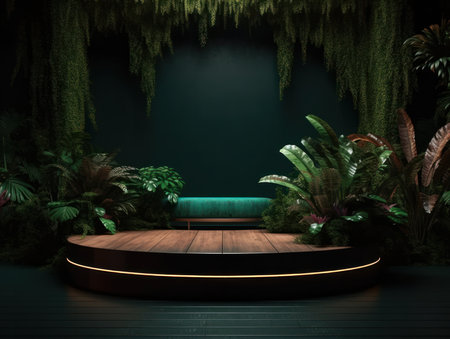 Cosmetics product advertising stand. Exhibition wooden podium on green background with leaves and shadows. Empty pedestal to display product packaging. Mockup. Generative AI.の素材