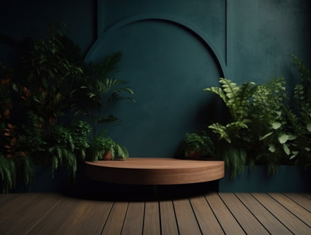 Cosmetics product advertising stand. Exhibition wooden podium on green background with leaves and shadows. Empty pedestal to display product packaging. Mockup. Generative AI.の素材