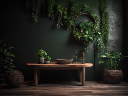 Cosmetics product advertising stand. Exhibition wooden podium on green background with leaves and shadows. Empty pedestal to display product packaging. Mockup. Generative AI.の素材