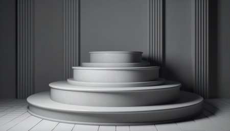 Elegant abstract set of white podiums in sunlight with shadow on white background for product display. Simple modern geometric design. Generative AI.の素材