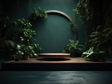 Cosmetics product advertising stand. Exhibition wooden podium on green background with leaves and shadows. Empty pedestal to display product packaging. Mockup. Generative AI.の素材