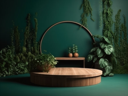 Cosmetics product advertising stand. Exhibition wooden podium on green background with leaves and shadows. Empty pedestal to display product packaging. Mockup. Generative AI.の素材