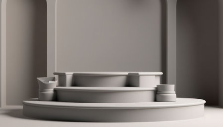 Elegant abstract set of white podiums in sunlight with shadow on white background for product display. Simple modern geometric design. Generative AI.の素材