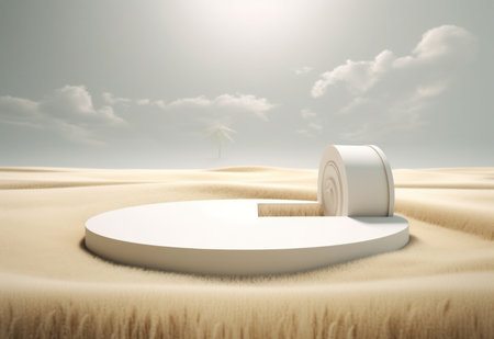 Podium on sand background. Display with sunshade and shadow on the background for cosmetic perfume fashion natural product. Generative AI.の素材