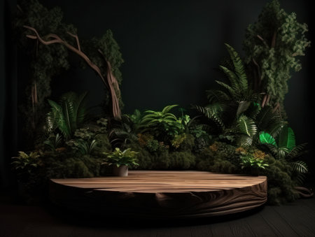 Cosmetics product advertising stand. Exhibition wooden podium on green background with leaves and shadows. Empty pedestal to display product packaging. Mockup. Generative AI.の素材